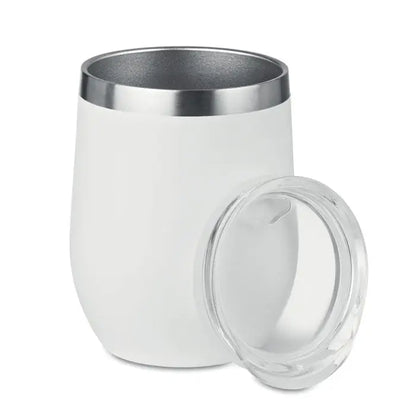 Cană cu perete dublu albă izolată cu margine argintie și capac transparent de 300ml