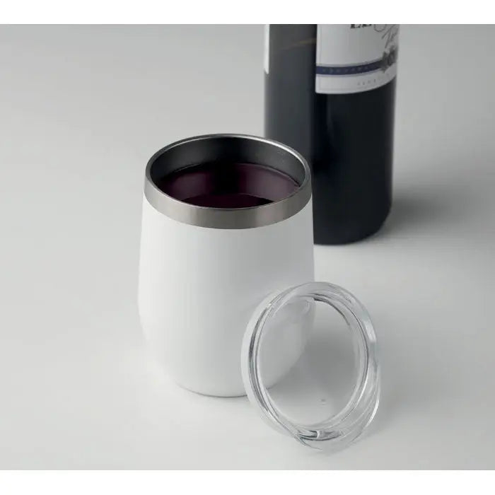 Cană cu perete dublu albă din inox de 300ml cu rim de oțel inoxidabil și capac transparent pentru vin