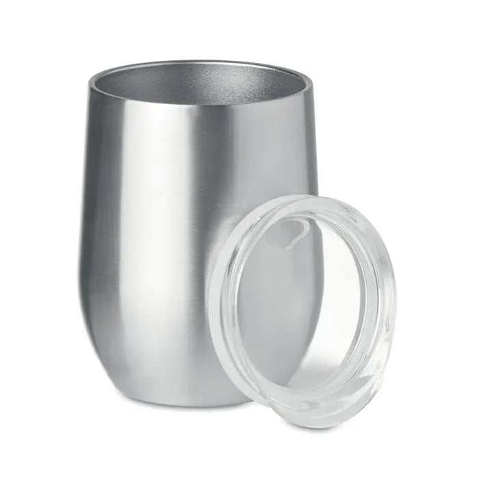 Cana cu perete dublu 300ml din otel inoxidabil argintiu cu capac transparent pentru bauturi racoritoare