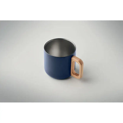 Navy blue cana cu perete dublu 350 ml cu maner din lemn deschis si izolatie termoizolanta