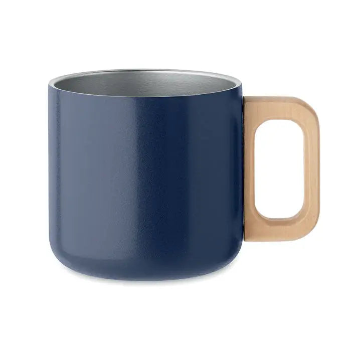 Navy blue cana cu perete dublu 350 ml cu maner din lemn deschis si interior din otel inoxidabil pentru bauturi calde
