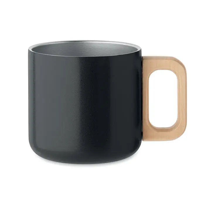 Cană cu perete dublu 350 ml din ceramică neagră cu mâner din lemn deschis la culoare