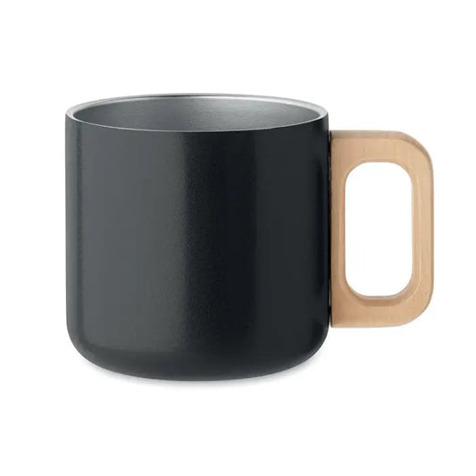 Cană cu perete dublu 350 ml din ceramică neagră cu mâner din lemn deschis la culoare