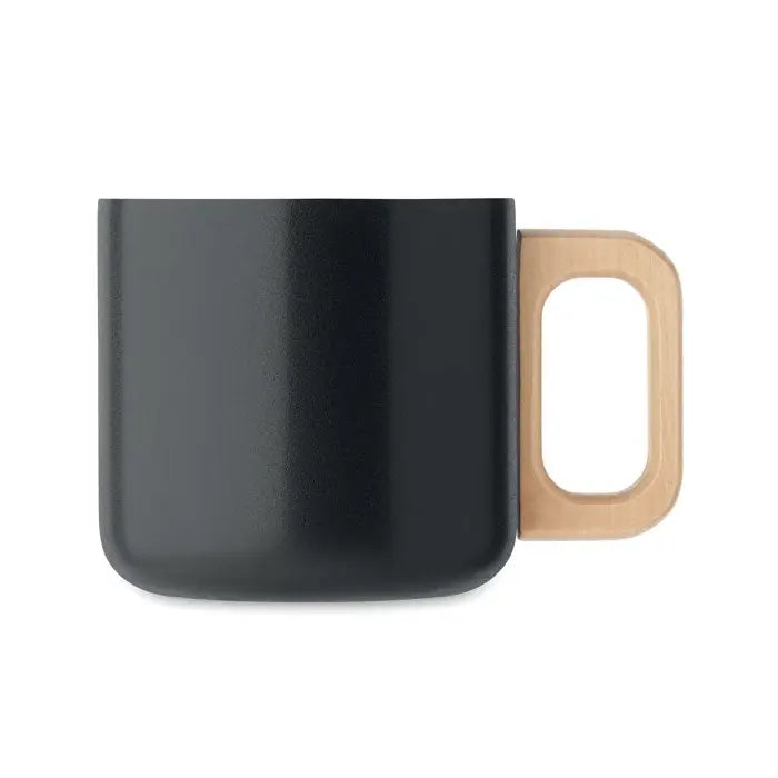 Cana cu perete dublu 350 ml din ceramică neagră cu mâner în nuanță deschisă de lemn