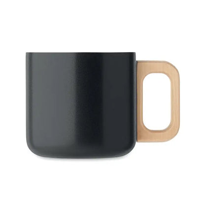 Cana cu perete dublu 350 ml din ceramică neagră cu mâner în nuanță deschisă de lemn