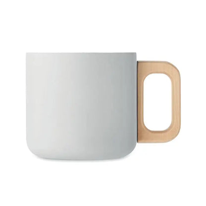 Cană cu perete dublu 350 ml din ceramică gri minimalistă cu mâner din lemn deschis la culoare