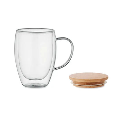 Cană cu perete dublu 350ml din sticlă transparentă cu mâner metalic și capac din lemn deschis la culoare