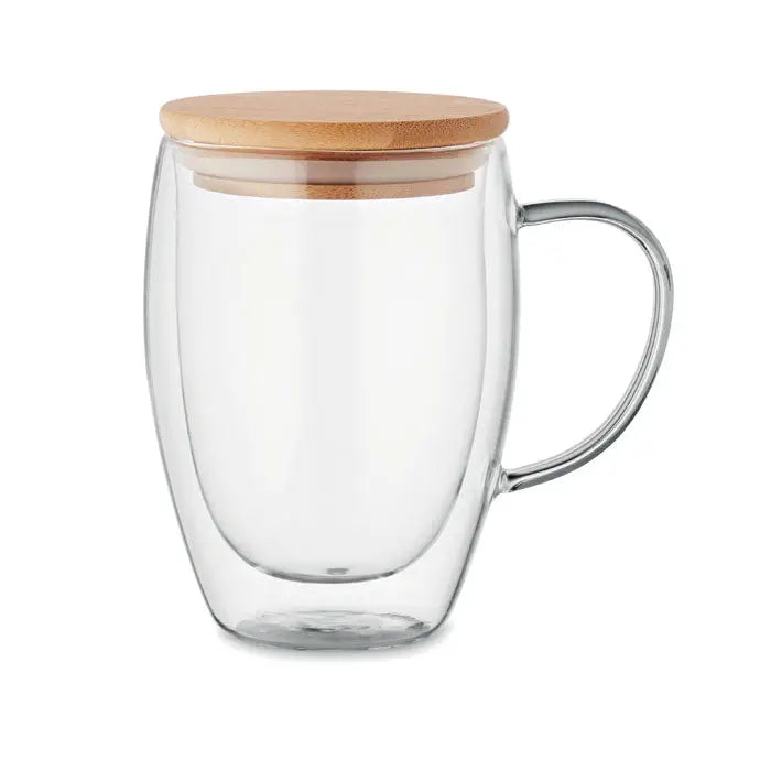 Cana cu perete dublu 350ml din sticla transparenta cu capac din lemn natural si maner metalic elegant