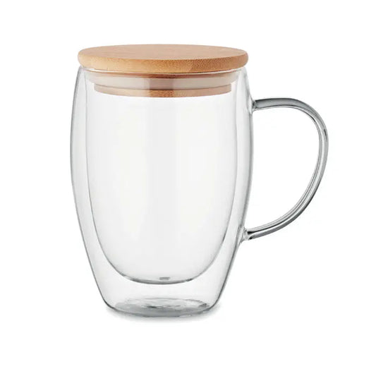 Cana cu perete dublu 350ml din sticla transparenta cu capac din lemn natural si maner metalic elegant