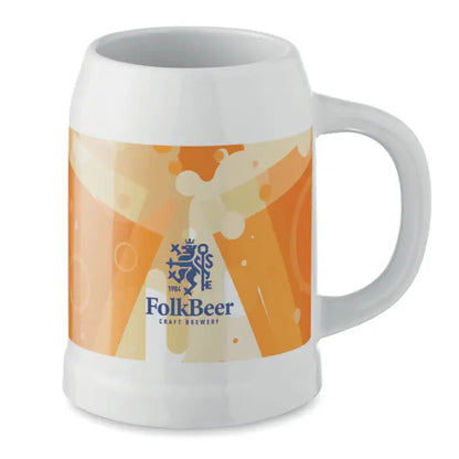 Cană de bere sublimare 500 ml din ceramică albă cu grafic vibrant portocaliu și crem și logo folkbeer craft brewery