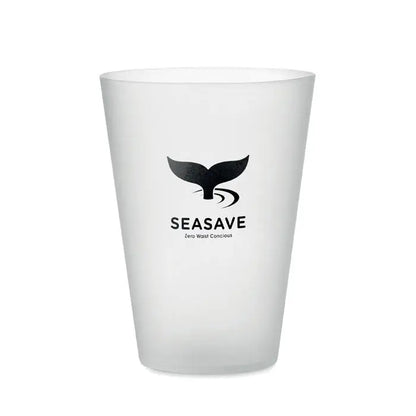 Cana de eveniment reutilizabila 300 ml din plastic alb mat cu logo coada de balena neagra si branding seasave