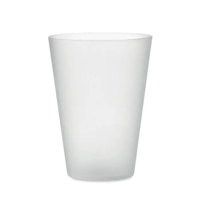 Cana de eveniment reutilizabila 300 ml din plastic frosted alb translucid cu forma cilindrica neteda si usor conica