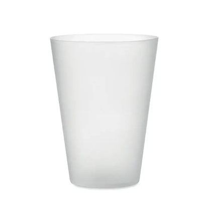 Cana de eveniment reutilizabila 300 ml din plastic frosted alb translucid cu forma cilindrica neteda si usor conica