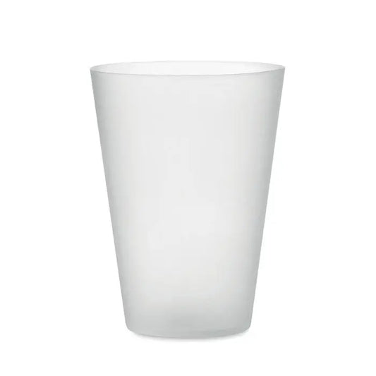 Cana de eveniment reutilizabila 300 ml din plastic frosted alb translucid cu forma cilindrica neteda si usor conica