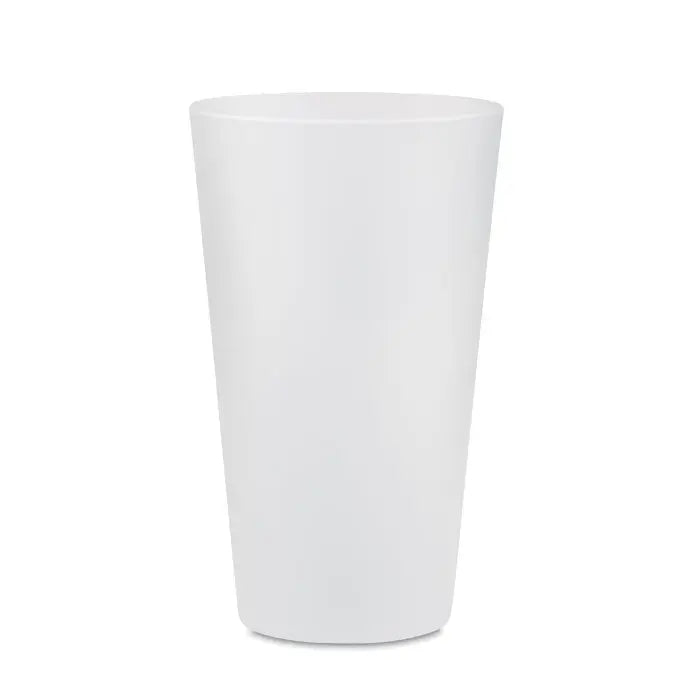Cana de eveniment reutilizabila din plastic alb mat cu finisaj neted si forma cilindrica usor conica de 300 ml