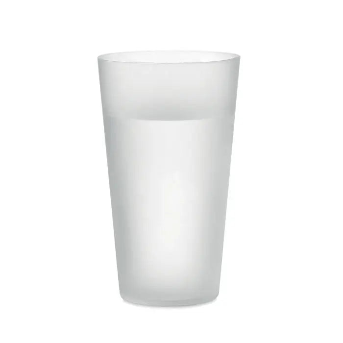 Cana de eveniment reutilizabila din plastic alb mat, cu forma cilindrica si laturi usor conice, capacitate 500 ml