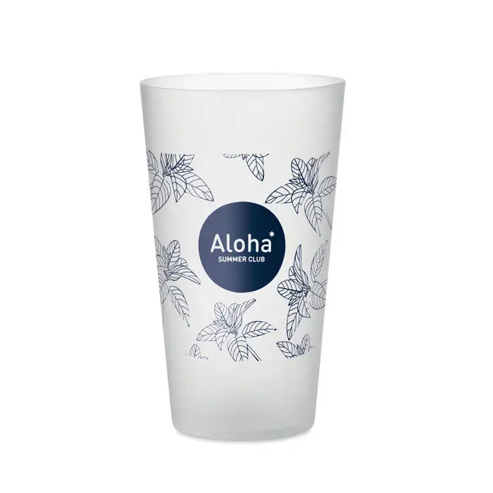 Pahar reutilizabil de 500 ml frosted alb cu desene negre de plante tropicale si sigla albastru inchis aloha summer club