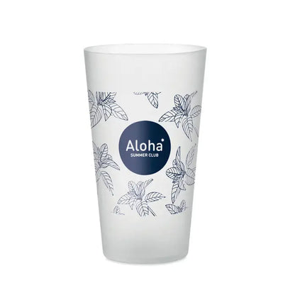 Pahar reutilizabil de 500 ml frosted alb cu desene negre de plante tropicale si sigla albastru inchis aloha summer club