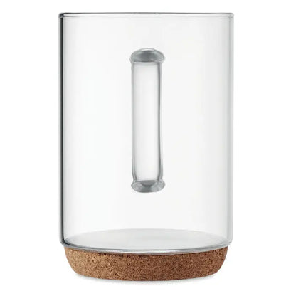 Cana de sticla transparenta de 400 ml cu baza de pluta si toarta clara pentru bauturi calde sau reci
