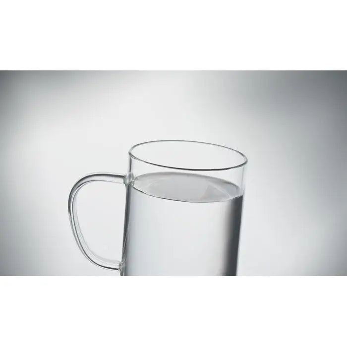 Cana de sticla transparenta 400ml cu design modern si maner neted, cu baza de pluta pentru stabilitate