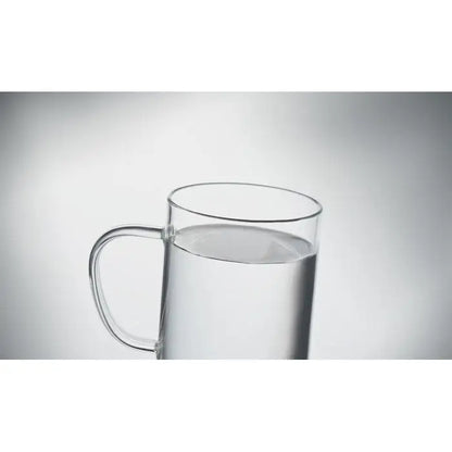 Cana de sticla transparenta 400ml cu design modern si maner neted, cu baza de pluta pentru stabilitate