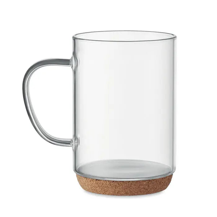 Cană de sticlă 400ml cu mâner argintiu și bază naturală de plută pentru băuturi calde sau reci
