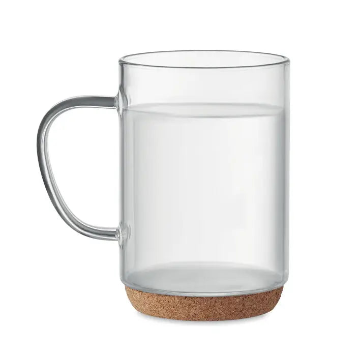 Cana de sticla 400ml transparenta cu maner argintiu si baza naturala din pluta