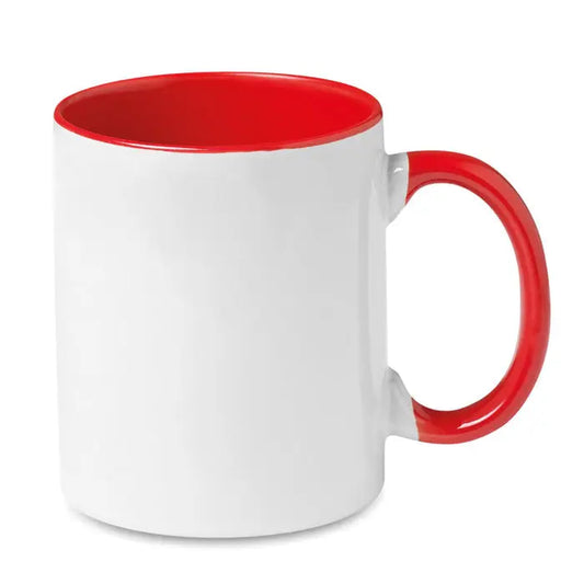 Cană ceramică de sublimare albă cu interior și mâner roșu lucios pentru personalizare colorată