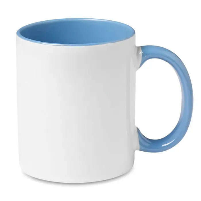 Cană de sublimare colorată albă cu interior și mâner albastru deschis din ceramică perfectă pentru personalizare