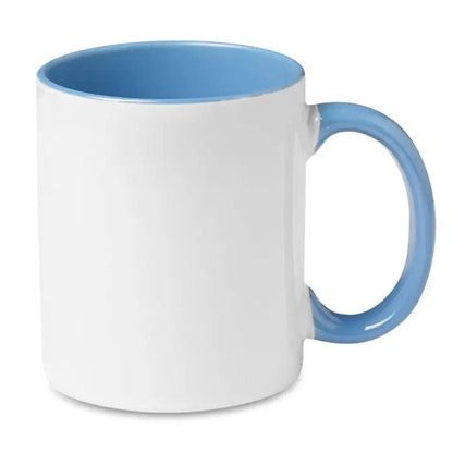 Cană de sublimare colorată albă cu interior și mâner albastru deschis din ceramică perfectă pentru personalizare