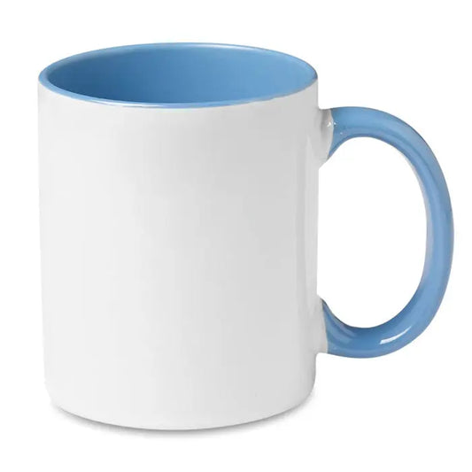Cană de sublimare colorată albă cu interior și mâner albastru deschis din ceramică perfectă pentru personalizare