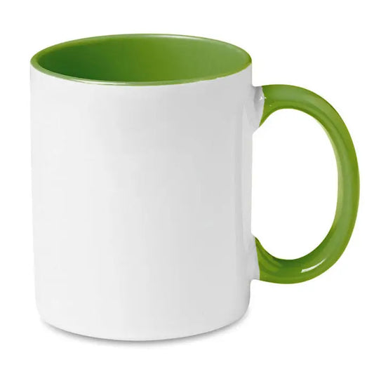 Cana de sublimare colorata din ceramica alba cu interior si toarta verde vibranta