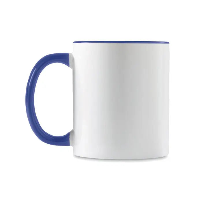 Cana de sublimare colorata albă din ceramică cu toartă și margine albastre îndrăznețe