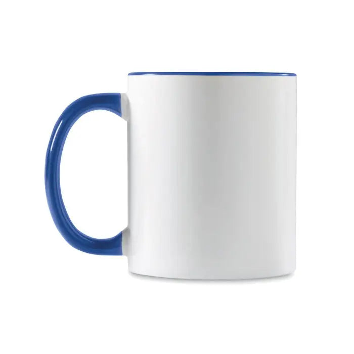 Cană de sublimare colorată albă din ceramică cu mâner și margine albastre îndrăznețe
