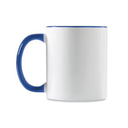 Cană de sublimare colorată albă din ceramică cu mâner și margine albastre îndrăznețe