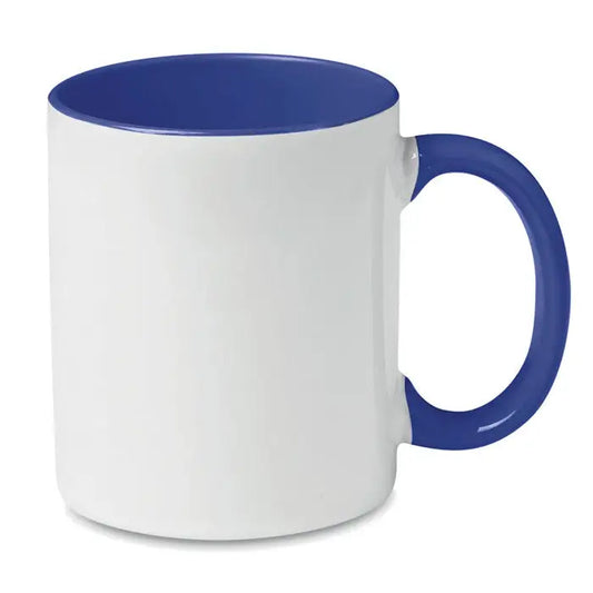 Cana de sublimare colorata din ceramica alba cu interior si toarta albastru intens