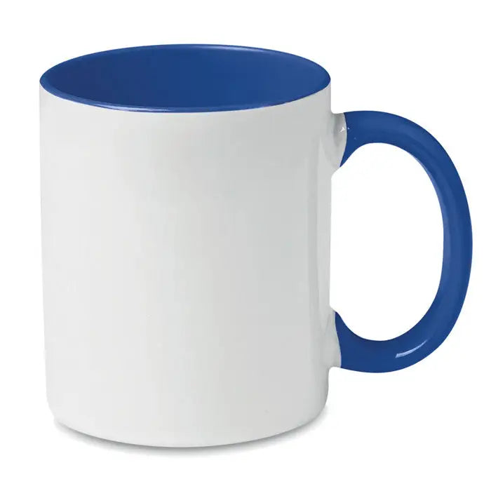 Cana de sublimare colorata alba din ceramica cu interior si maner albastru intens