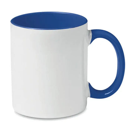 Cana de sublimare colorata alba din ceramica cu interior si maner albastru intens