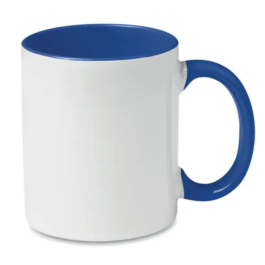 Cana de sublimare colorata alba din ceramica cu interior si maner albastru intens