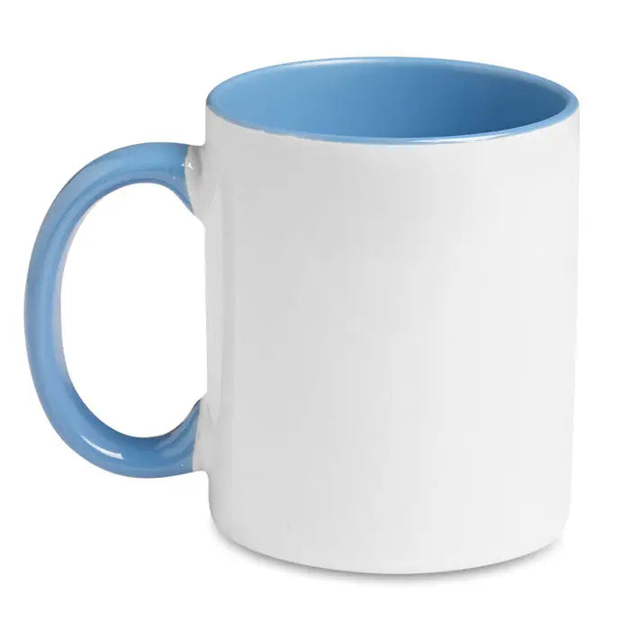 Cana de sublimare colorata alb ceramica cu interior si toarta bleu deschis pentru personalizare