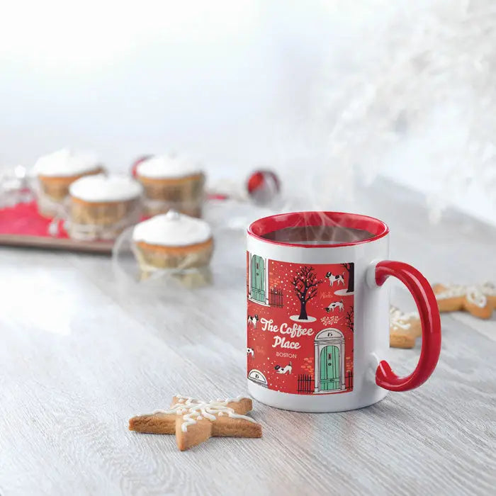 Cana de sublimare colorata ceramica rosie si alba cu design festiv usa verde caini si text the coffee place boston