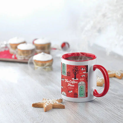 Cana de sublimare colorata ceramica rosie si alba cu design festiv usa verde caini si text the coffee place boston
