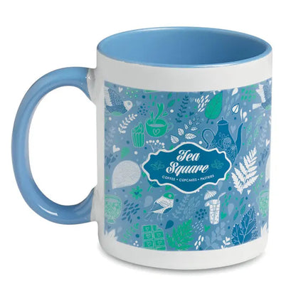 Cana de sublimare colorata albă din ceramică cu interior și mâner albastru deschis și design tea square verde teal