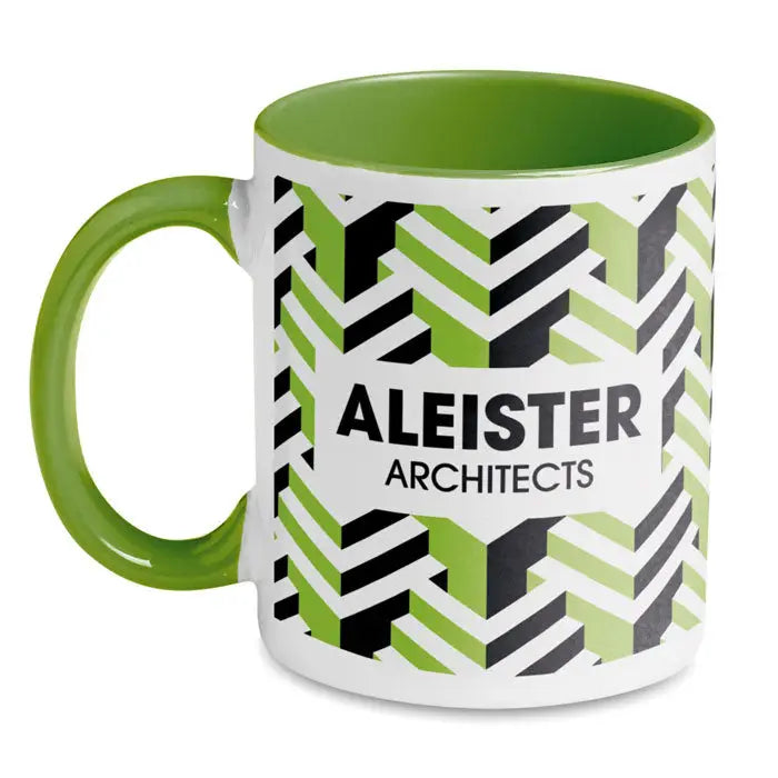 Cana de sublimare colorata alba din ceramica cu maner si interior verde, model geometric negru si verde lime, text aleister architects