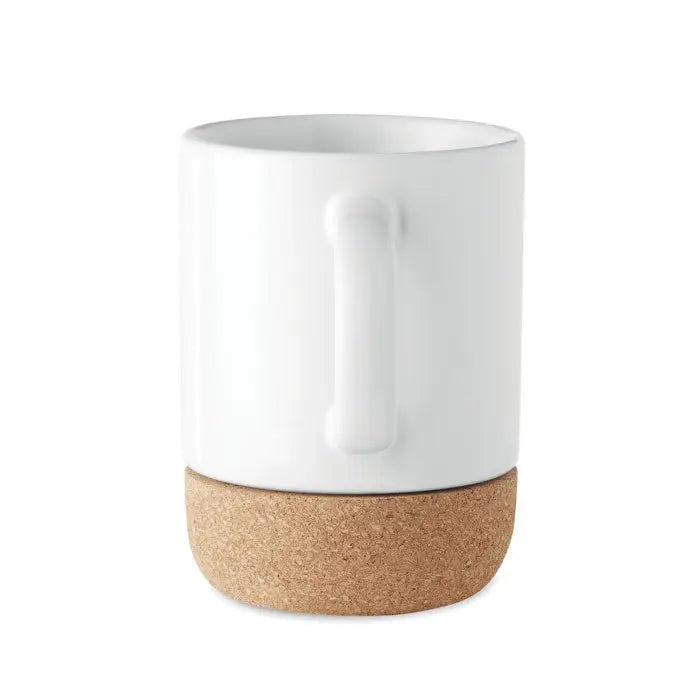 Cană ceramică albă cu bază naturală din plută și mâner minimalist pentru sublimare