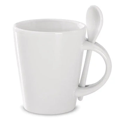 Cană de sublimare albă din ceramică cu lingură integrată în mâner pentru băuturi calde