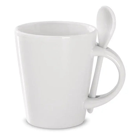 Cană de sublimare albă din ceramică cu lingură integrată în mâner pentru băuturi calde