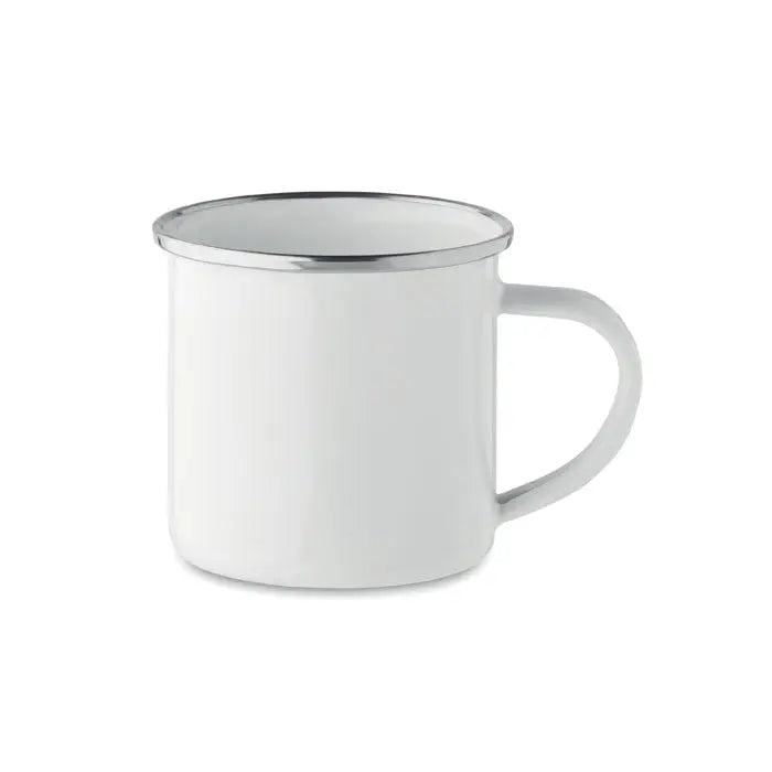 Cana de sublimare email 200ml albă cu margine și mâner argintiu din email ideală pentru camping