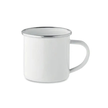 Cana de sublimare email 200ml albă cu margine și mâner argintiu din email ideală pentru camping