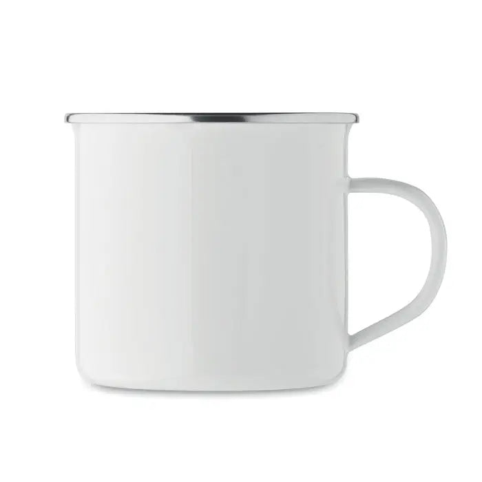 Cană de sublimare email albă cu margine și mâner argintiu de 500 ml pentru camping